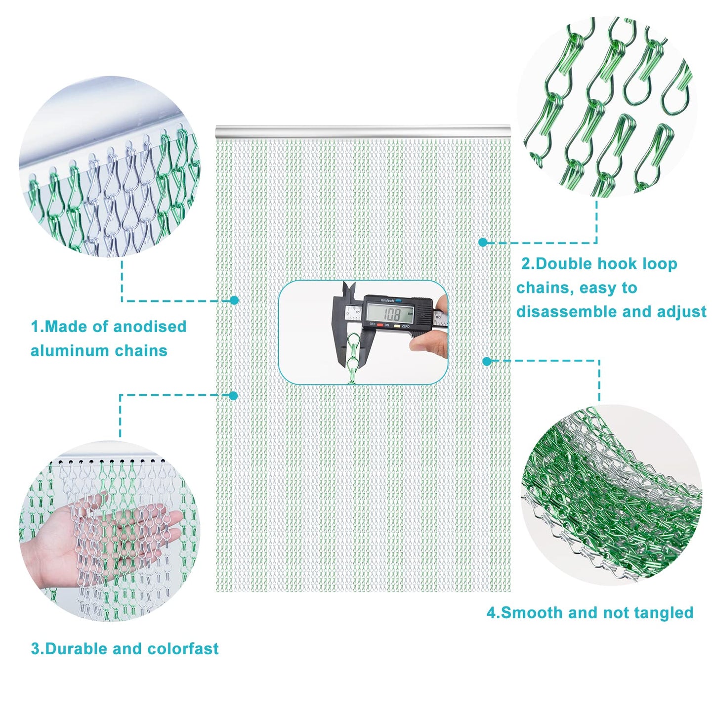Lymmiytc Chain Door Screen 90 x 210cm Aluminium Chain Curtain for Doorways Decoration, Metal Fly Screens Insect Blinds Pest Control (Green & Silver)