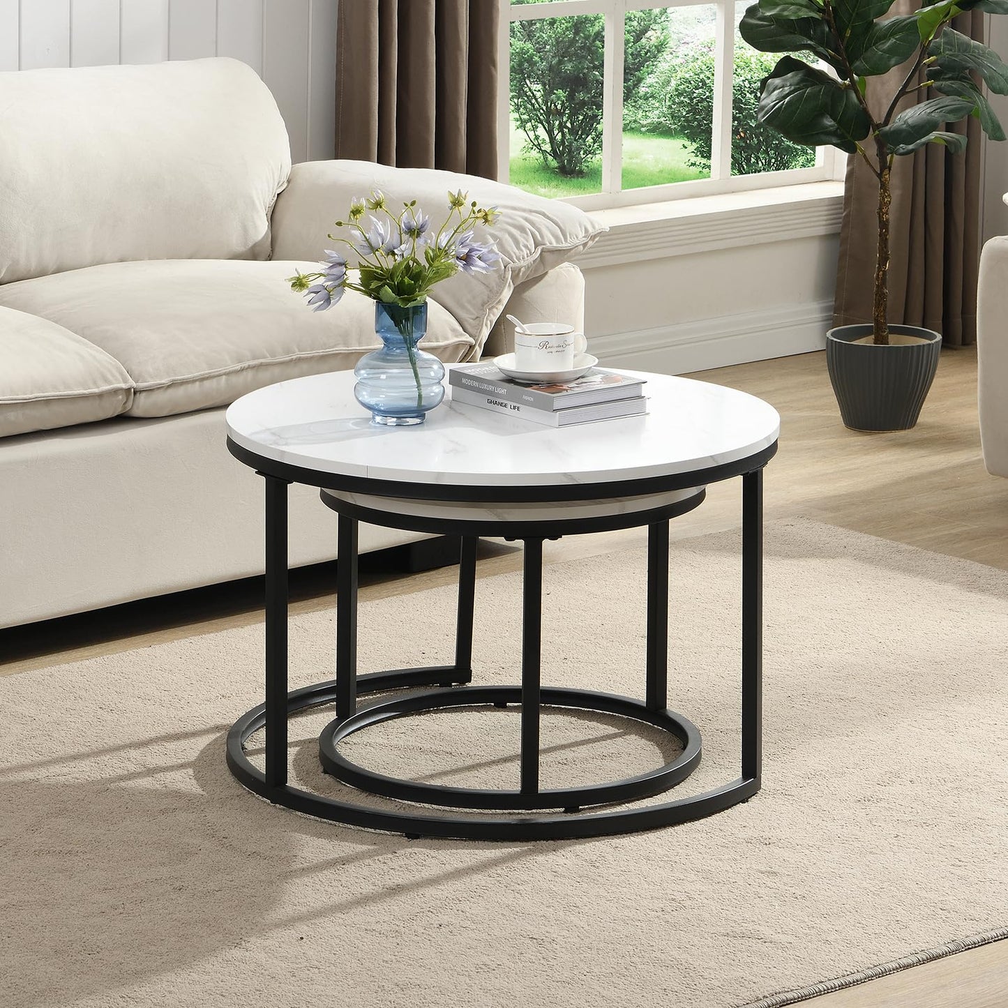 Coffee Table, Modern Side Table, Round Nesting Tables Tet of 2, Round Coffee Table for Living Room, Bedroom, Office, 70cm*50cm, White