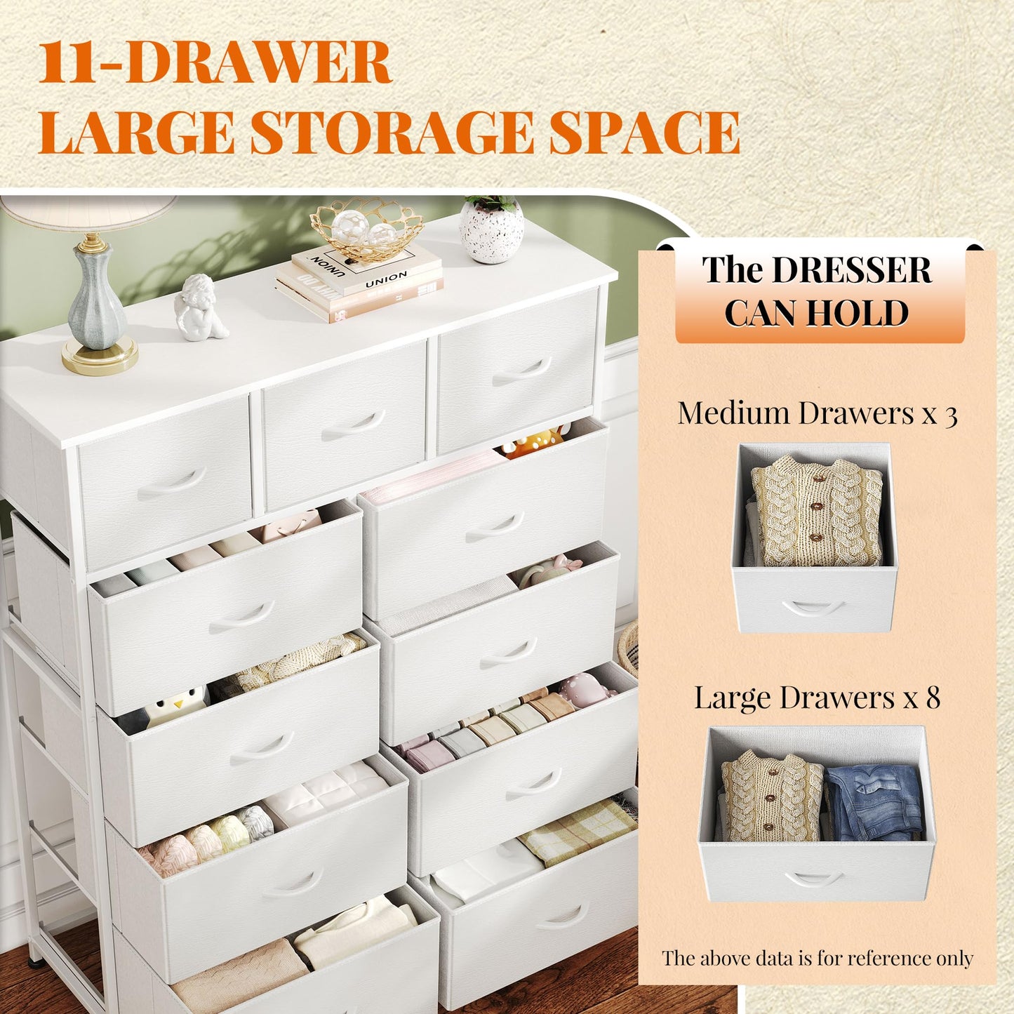 Flrrtenv Chest of Drawer with 11 Drawers, Modern Bedroom Cabinte, Fabric Drawers with Wooden Top, Sturdy Metal Frame, Tall White Hallway Storage Unit