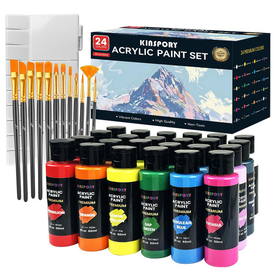 KINSPORY Acrylic Paint Set 24 x 60 ml with 12 Brushes and Palette - Water-Resistant, Assorted Colors for Beginners, Artists, Kids - Multi-Surface Art