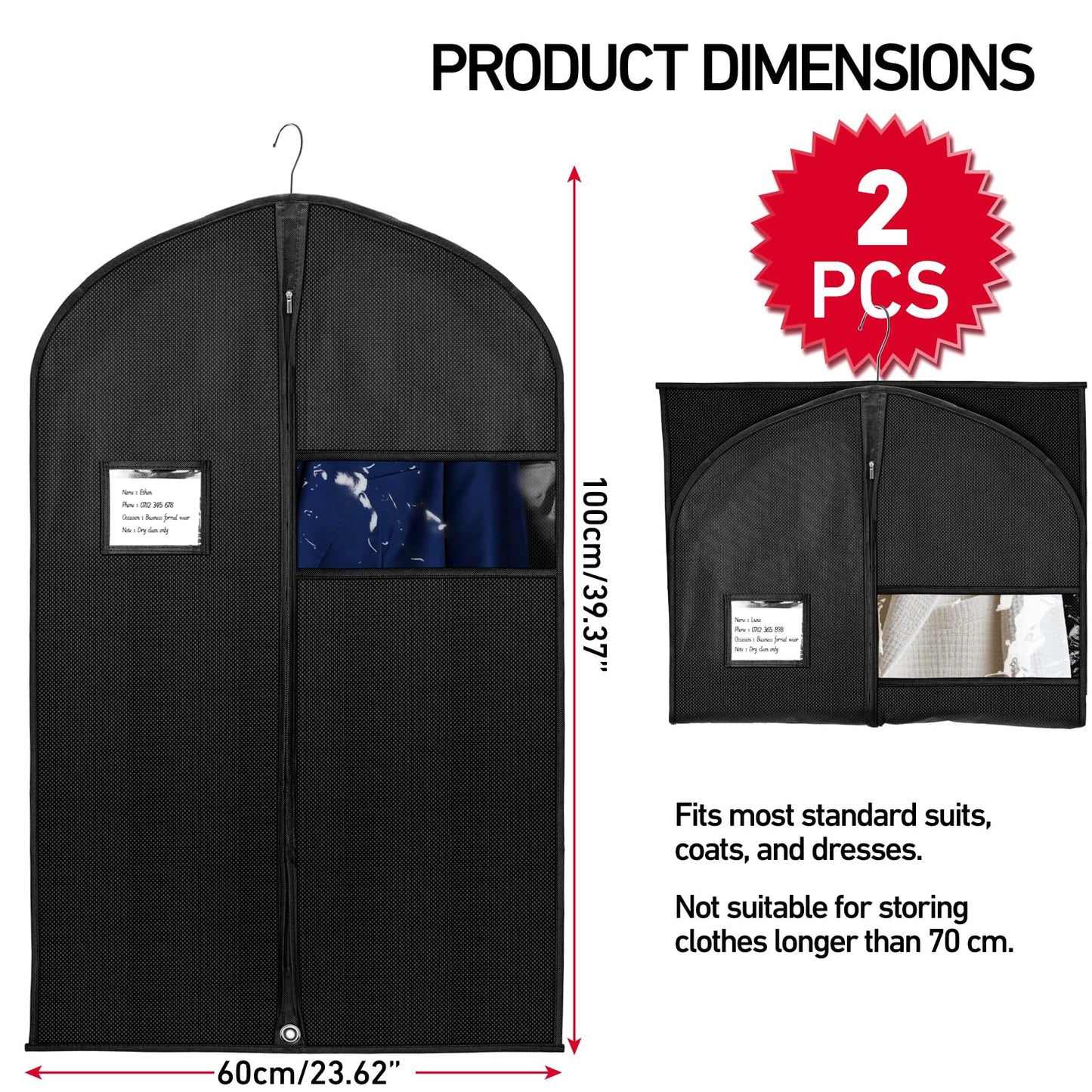Suit Bagsor Men and Women 2 Pack, 100 x 60 cm Suit Covers with Zip