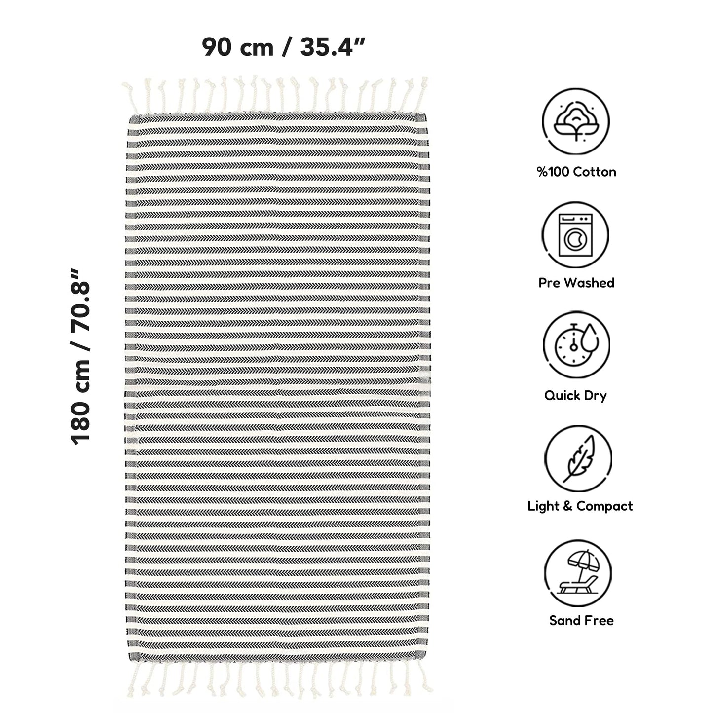 Blue Beach Turkish Towel Striped - 90 x180cm Large Turkish Hammam Peshtemal Towel - Super Absorbent, Quick Dry, Lightweight