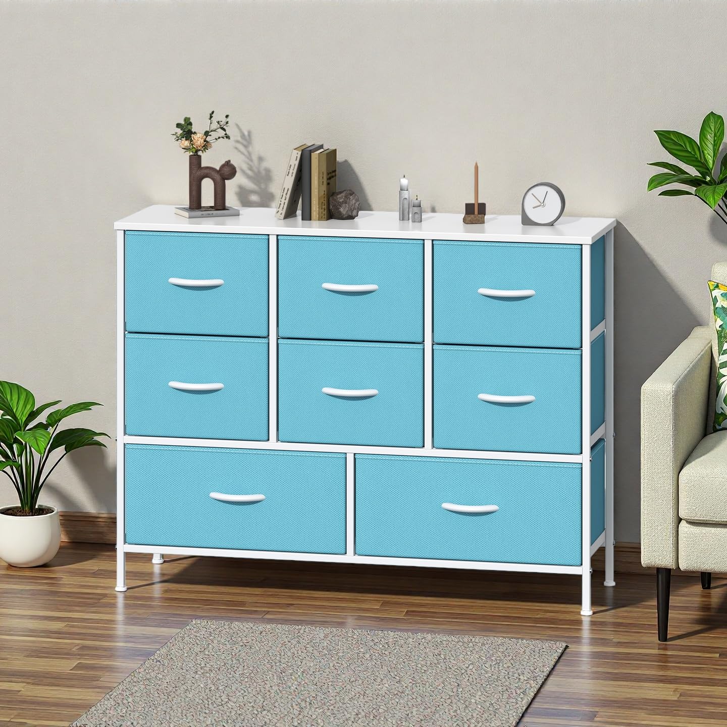 GoaHi Chest of Drawers, Fabric Dressers with Metal Frame and MDF Wooden Top Board, Adjustable Feet, Anti-Tip Safety