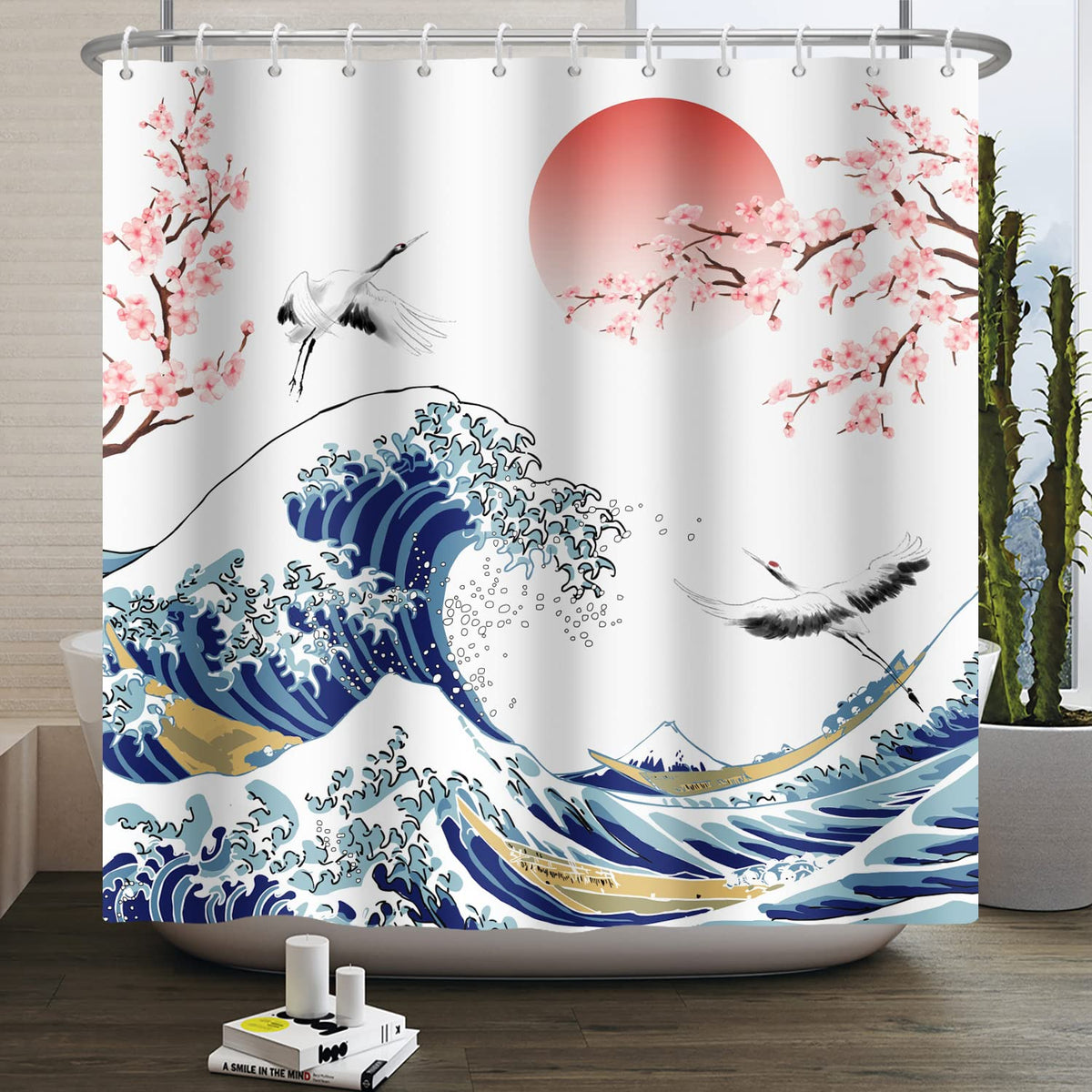 SDOTPMT 180x243cm Wave Shower Curtain Asian Cherry Blossom Ink Painting Bath Curtain Soaring Wild Goose Landscape Painting Bath Curtain for Bathroom