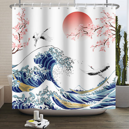 SDOTPMT 180x243cm Wave Shower Curtain Asian Cherry Blossom Ink Painting Bath Curtain Soaring Wild Goose Landscape Painting Bath Curtain for Bathroom