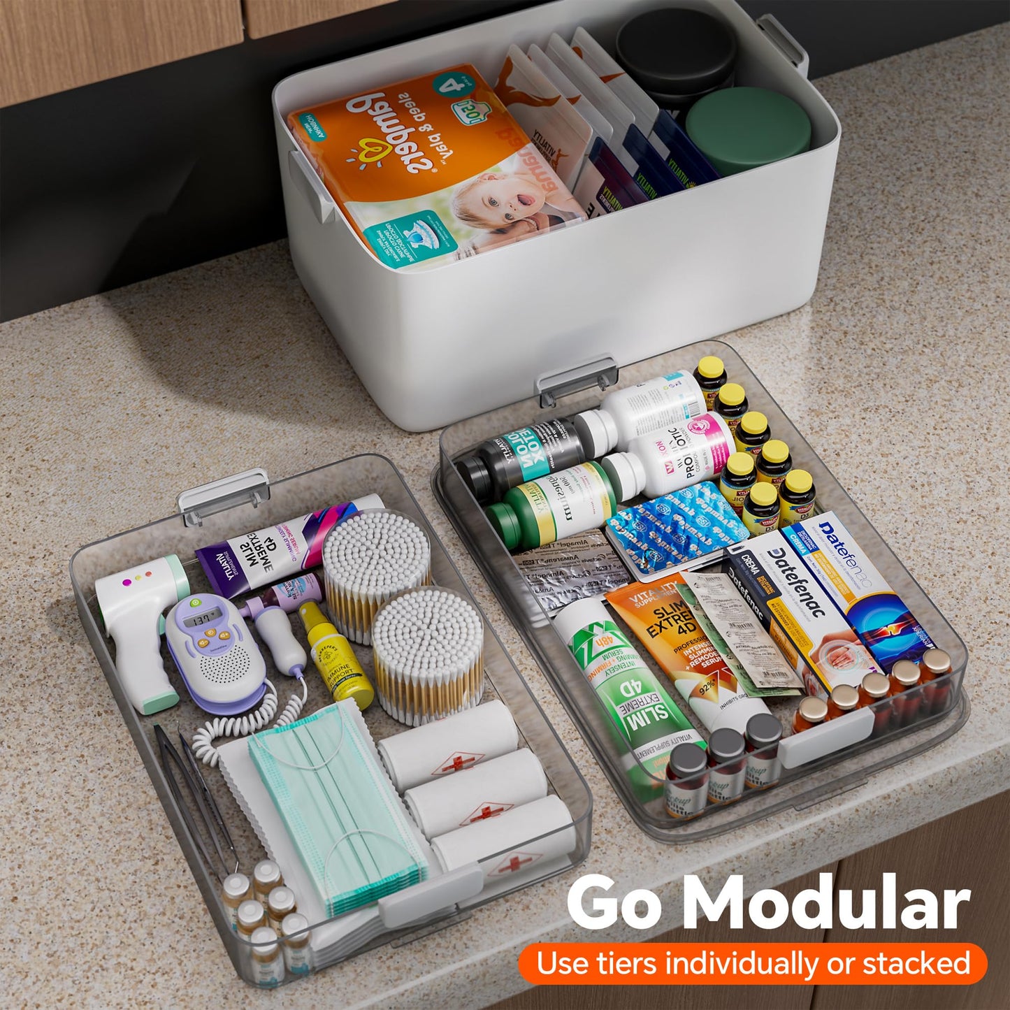 CTIME Extra Large Medicine Storage Box - 3-Tier Medication Organizer with Portable Leather Handle