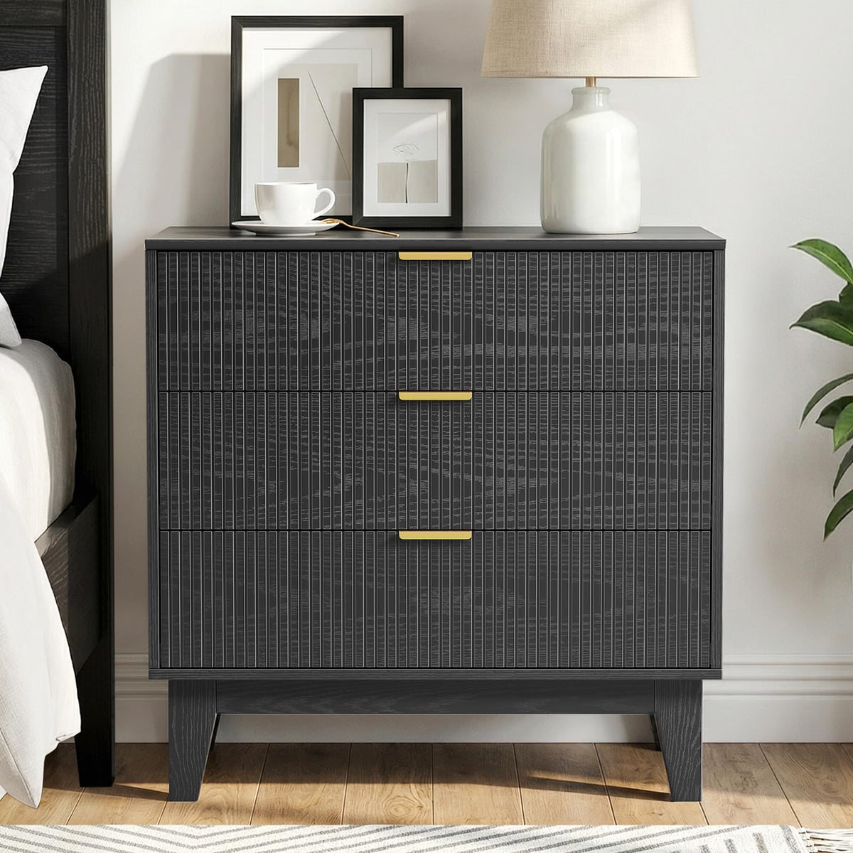 Yvsevnr Chest of Drawers 3 Drawer Bedroom Dresser Wooden Fluted Closet Dressers Anti-Tipping Storage Cabinet Unit Clothes Storage Organizer for