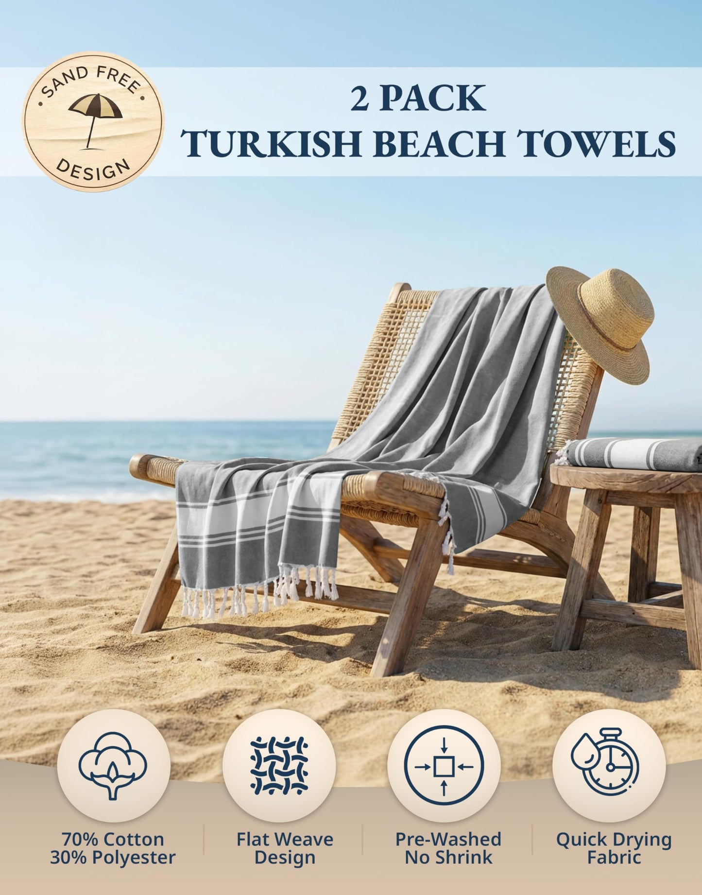 LANE LINEN Turkish Beach Towel, 2 Pack Towels Oversized, 39"x71", Cotton Rich Quick Dry Pool Towels for Adults, Absorbent Sand Free