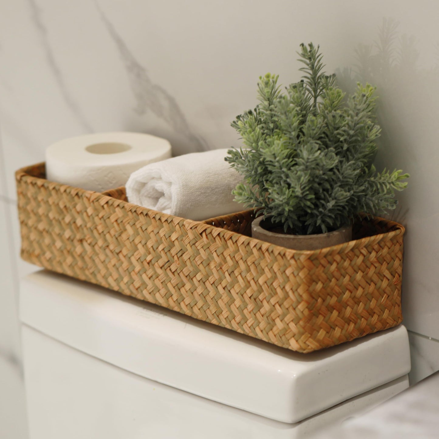 Seagrass Tank Basket for Toilet Paper 3 Sections Woven Storage Basket with Large Compartment (Natural 42cm x 14cm x 9cm)