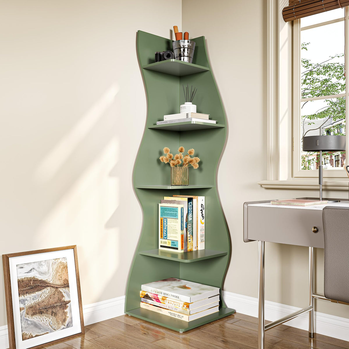 LITTLE TREE Small Corner Shelf, Modern 5-Tier Wall Corner Bookshelf, Stylish Bookcase Storage Rack for Small Space, Living Room, Bedroom Green