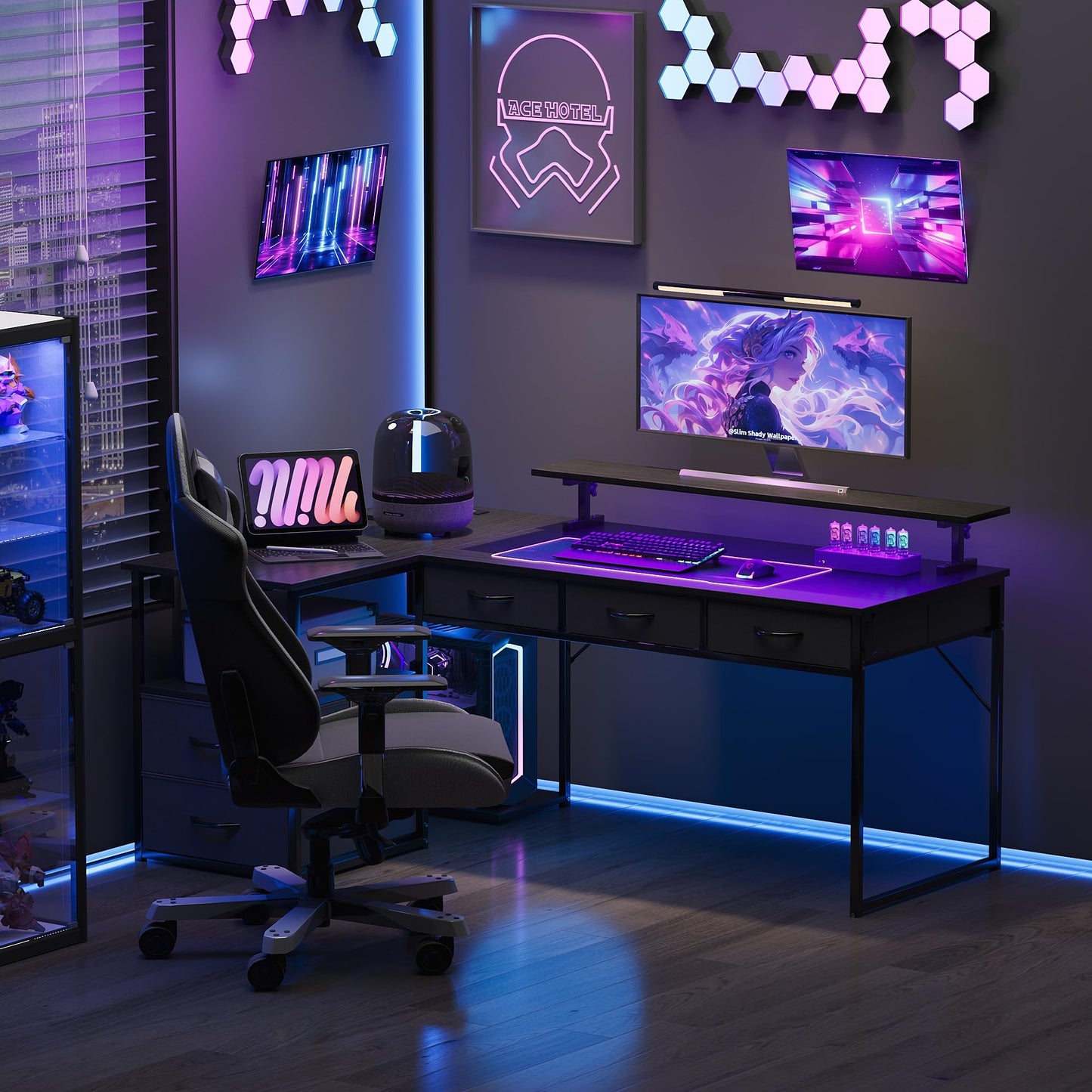 Flrrtenv 140cm Large Gaming Desk with 5 Fabric Drawers, Home Office Work Desk with Power Outlets & Monitor Stand