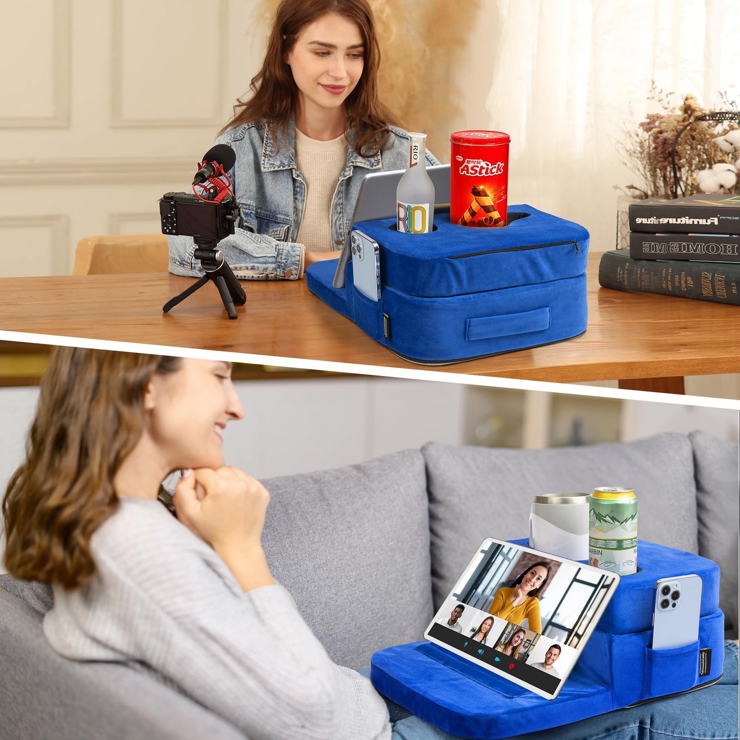 TabCouchCaddy - Couch Cup Holder Tray Pillow - Bed, Couch Caddy, Sofa, RV & Car - Holds Drinks, Snacks, Remotes, Phones, Kindle, Tablet