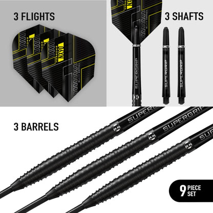 Harrows NX90 BLACK EDITION 90% Tungsten Steel Tip Darts Set 21g, 22g, 23g, 24g, 25g & 26g - Includes Black Supergrip Midi Shafts & Micron NX90 Flights