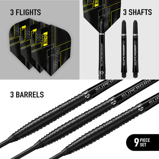 Harrows NX90 BLACK EDITION 90% Tungsten Steel Tip Darts Set 21g, 22g, 23g, 24g, 25g & 26g - Includes Black Supergrip Midi Shafts & Micron NX90 Flights