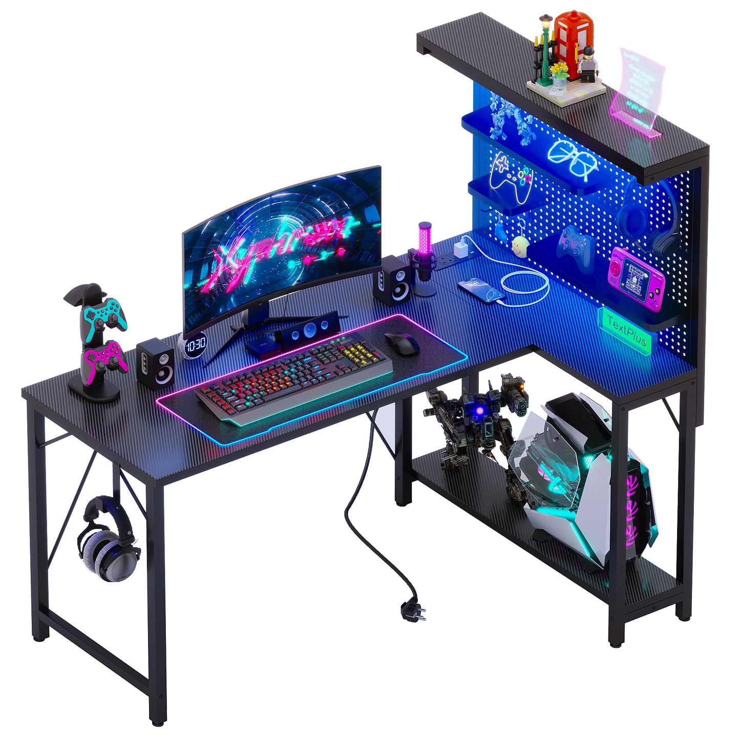 Xyphren L Shaped Gaming Desk with Pegboard Hutch & Shelves, Corner Computer Desk with Power Outlet