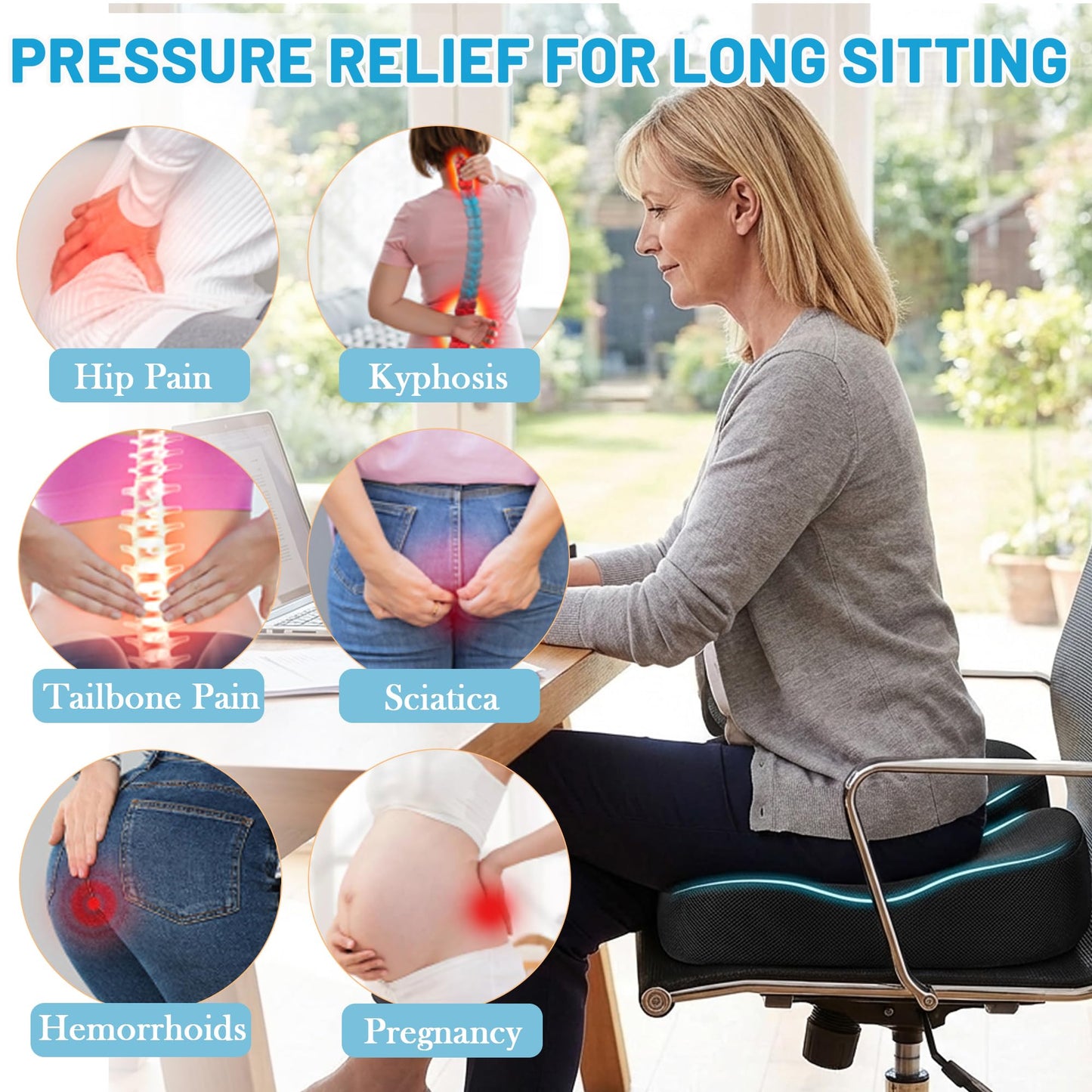 YueXing Coccyx Cushion, Memory Foam Seat Cushion for Tailbone Pain Relief – W-Shape Design, Non-Slip