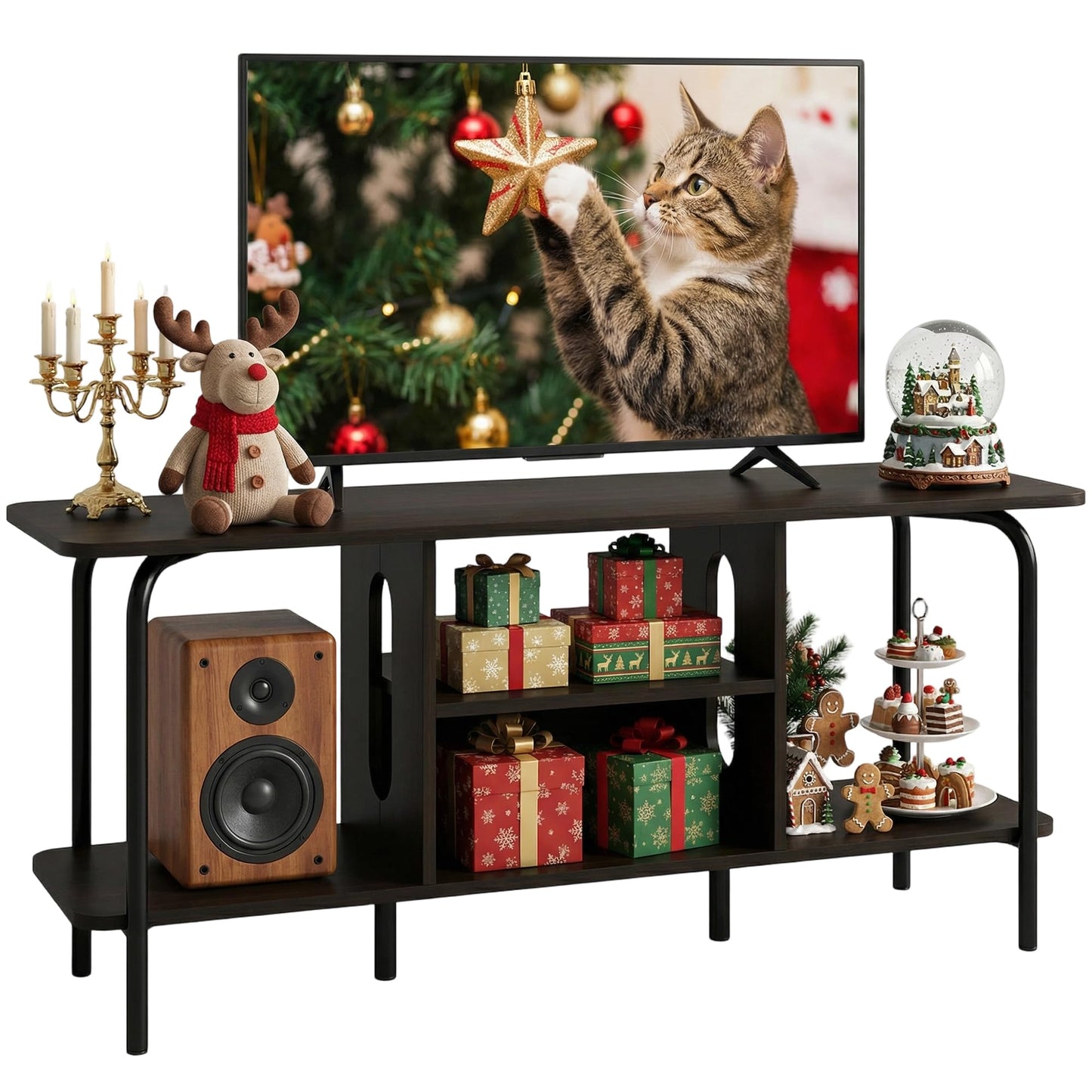 Manora Black TV Stand 120cm Arch Detail Open Shelves Fits 55 Inch TV Unit