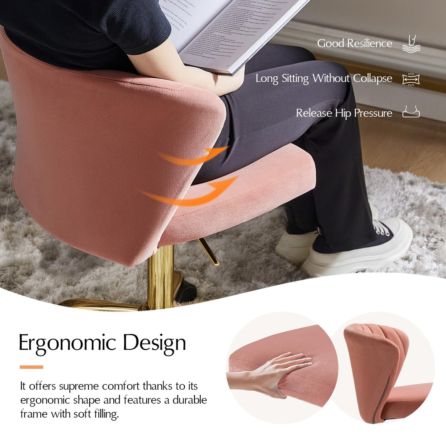 HULALA HOME Height Adjustable Swivel Desk Chair with Gold Base, Pink
