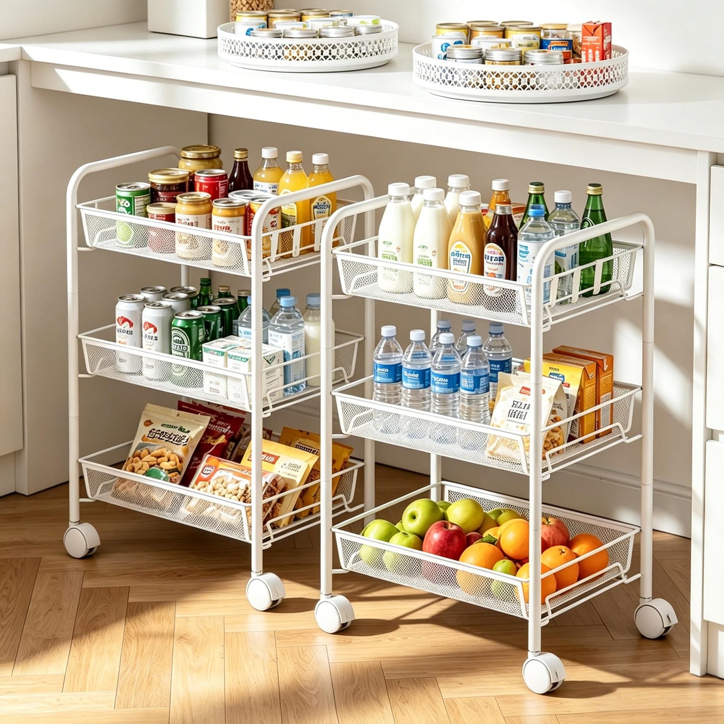 OVICAR Mesh Wire 3 Tier Rolling Cart, Kitchen Storage Utility Cart, Multifunction Basket Stand for Bathroom