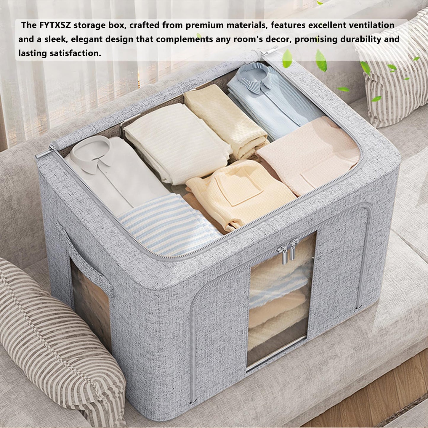 FYTXSZ Clothes Storage Boxes 66L with Metal Frame, Foldable Fabric Storage Bins with Lid and Clear Window