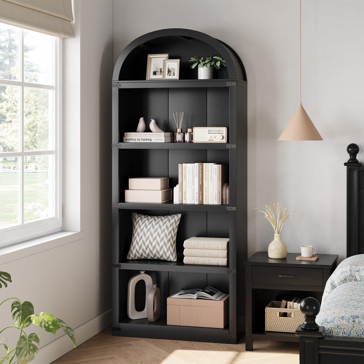 Lidzopas Arched 5-Tier Wooden Bookcase Cabinet with Doors for Office, Living Room, Bedroom, 71.65in Tall Farmhouse Bookshelf, Display & Storage Rack