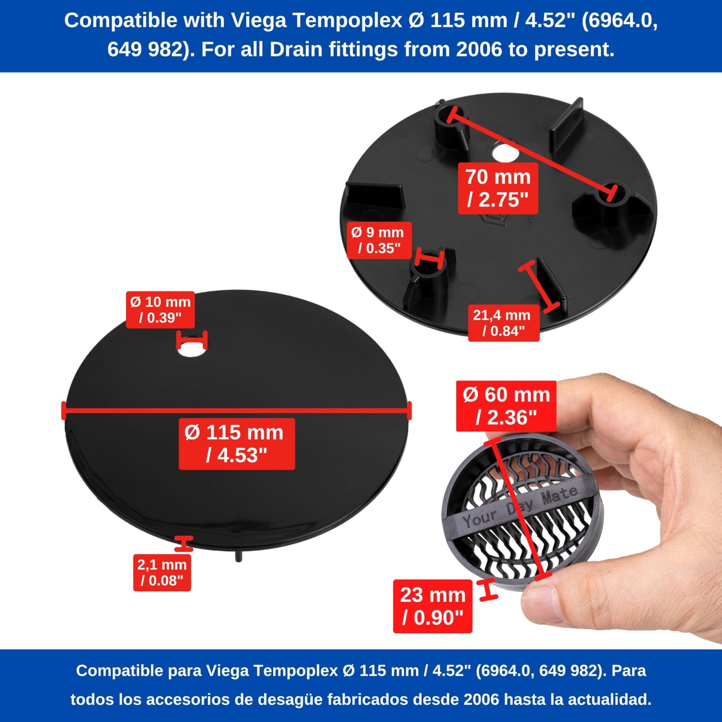 Cover Set with Hair Strainer for Shower Drain, Ø 115 mm, Compatible with Viega Tempoplex Drain from Year of Manufacture 2006