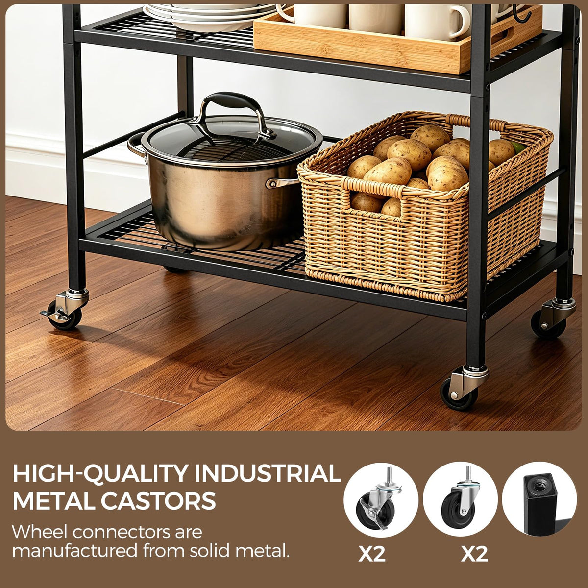 YONTUO 3-Tier kitchen trolley,Brown Wood Top,60W×40Dcm,4 Hooks, Adjustable Shelves