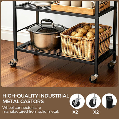 YONTUO 3-Tier kitchen trolley,Brown Wood Top,60W×40Dcm,4 Hooks, Adjustable Shelves