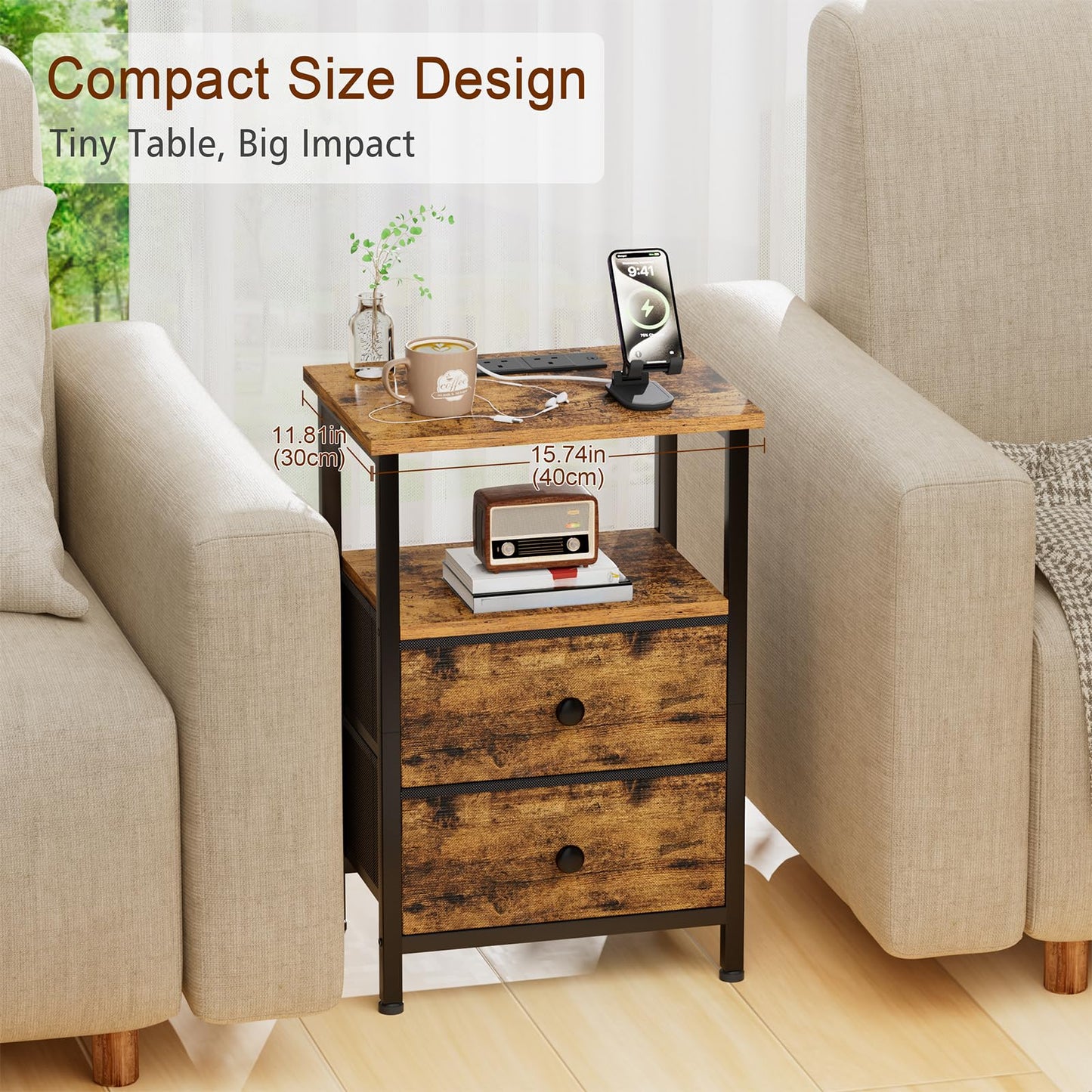 LOAKEKEL Bedside Table with Charging Station, Side Table for Bedroom
