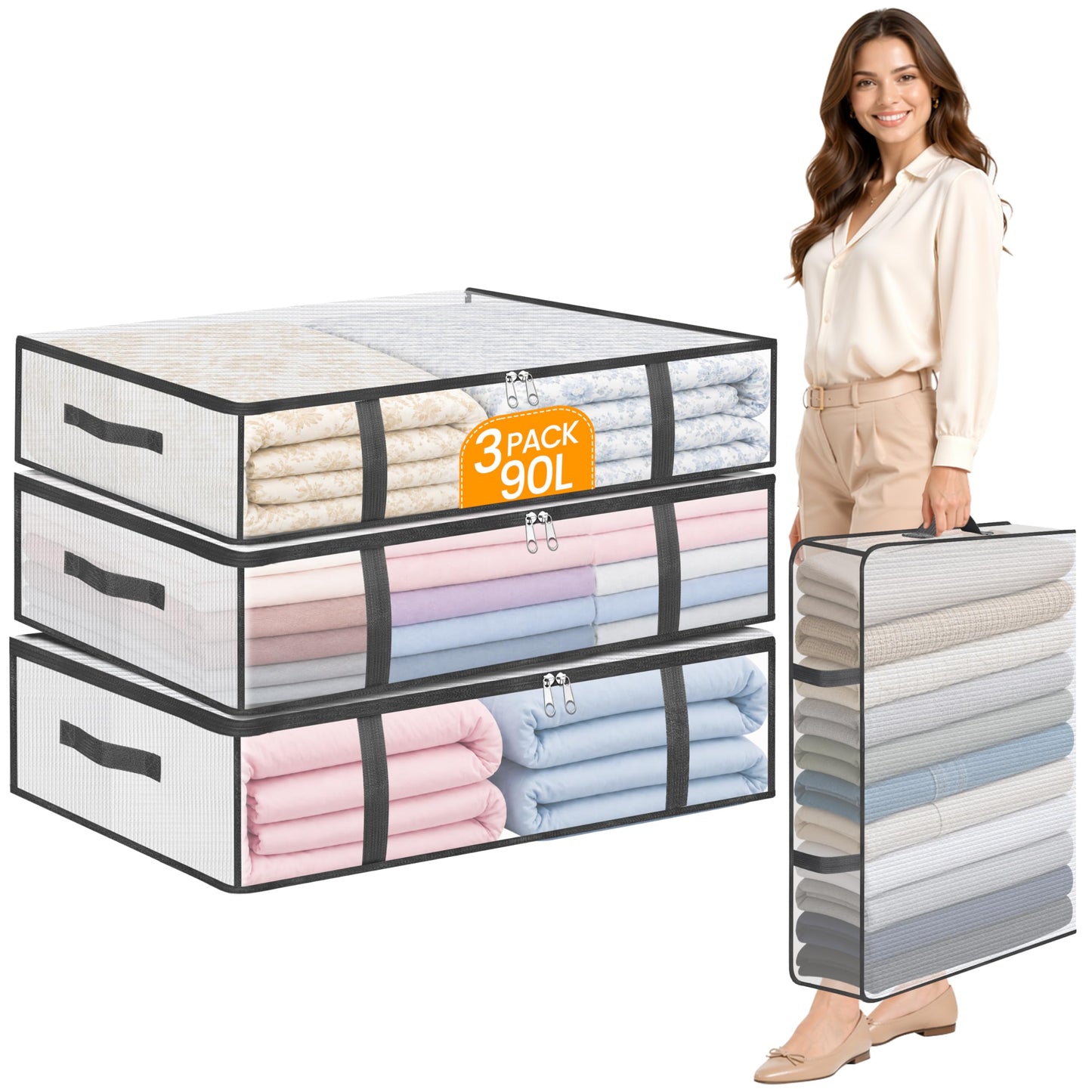 Averrex 3 pack 90L Storage Bags, Clear Under Bed Storage Box with Lids