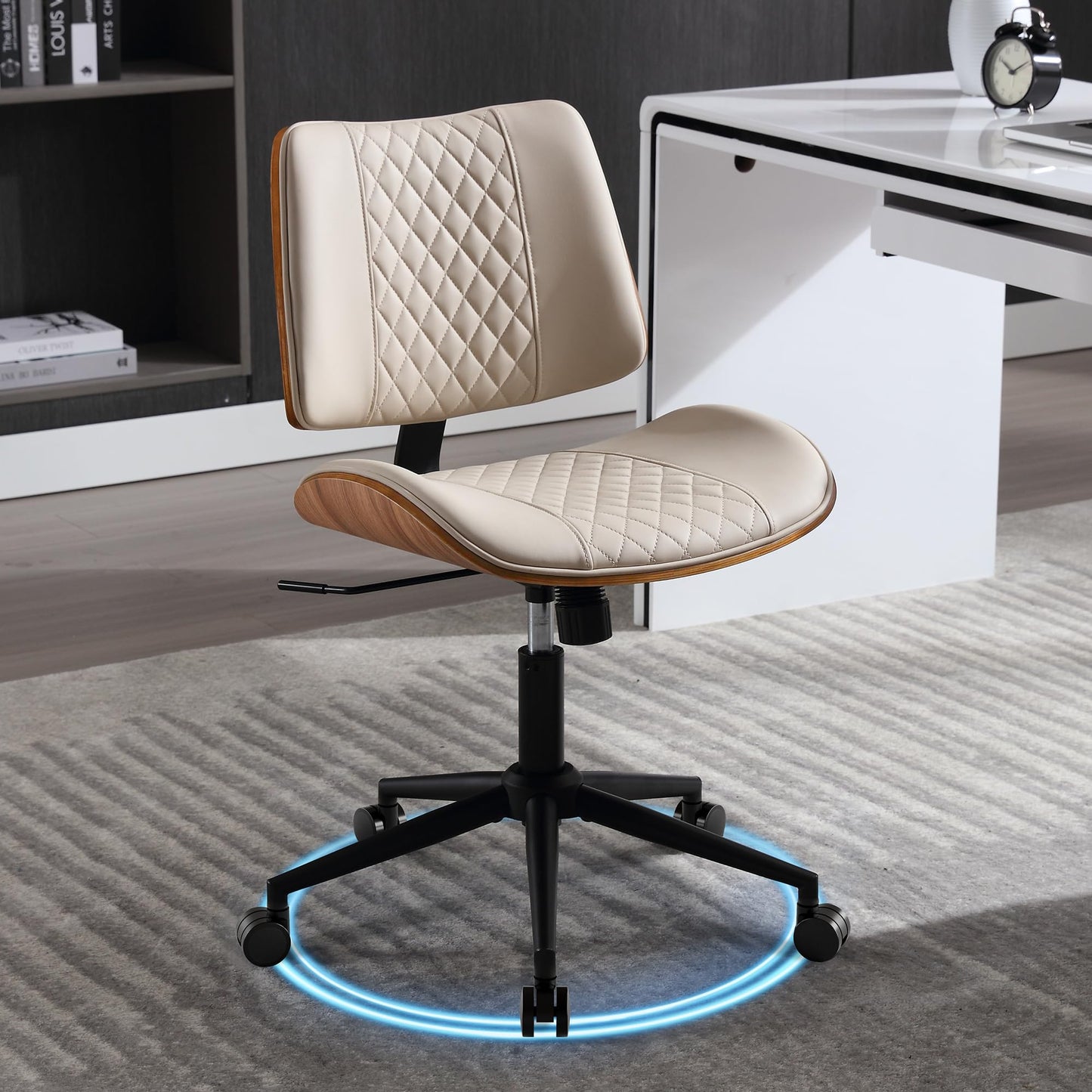 BERYTH Armless Desk Chair with Wheels Boucle Home Office Chair 360° Swivel Adjustable Height PU Leather Max. 136kg Mid Back Modern Bentwood Walnut