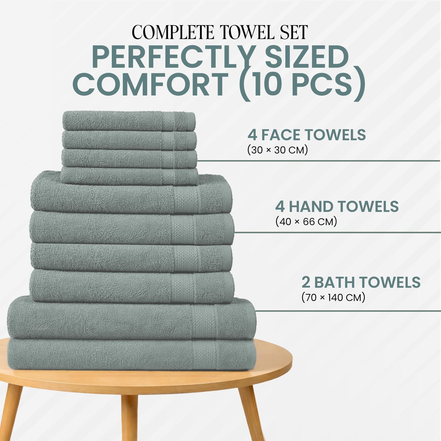RAYMSTER 10 Piece Egyptian Cotton Towel Set - 2 Bath, 4 Face, & 4 Hand Towels Set for Daily Use - Soft, Highly Absorbent, Quick Dry, and Lightweight