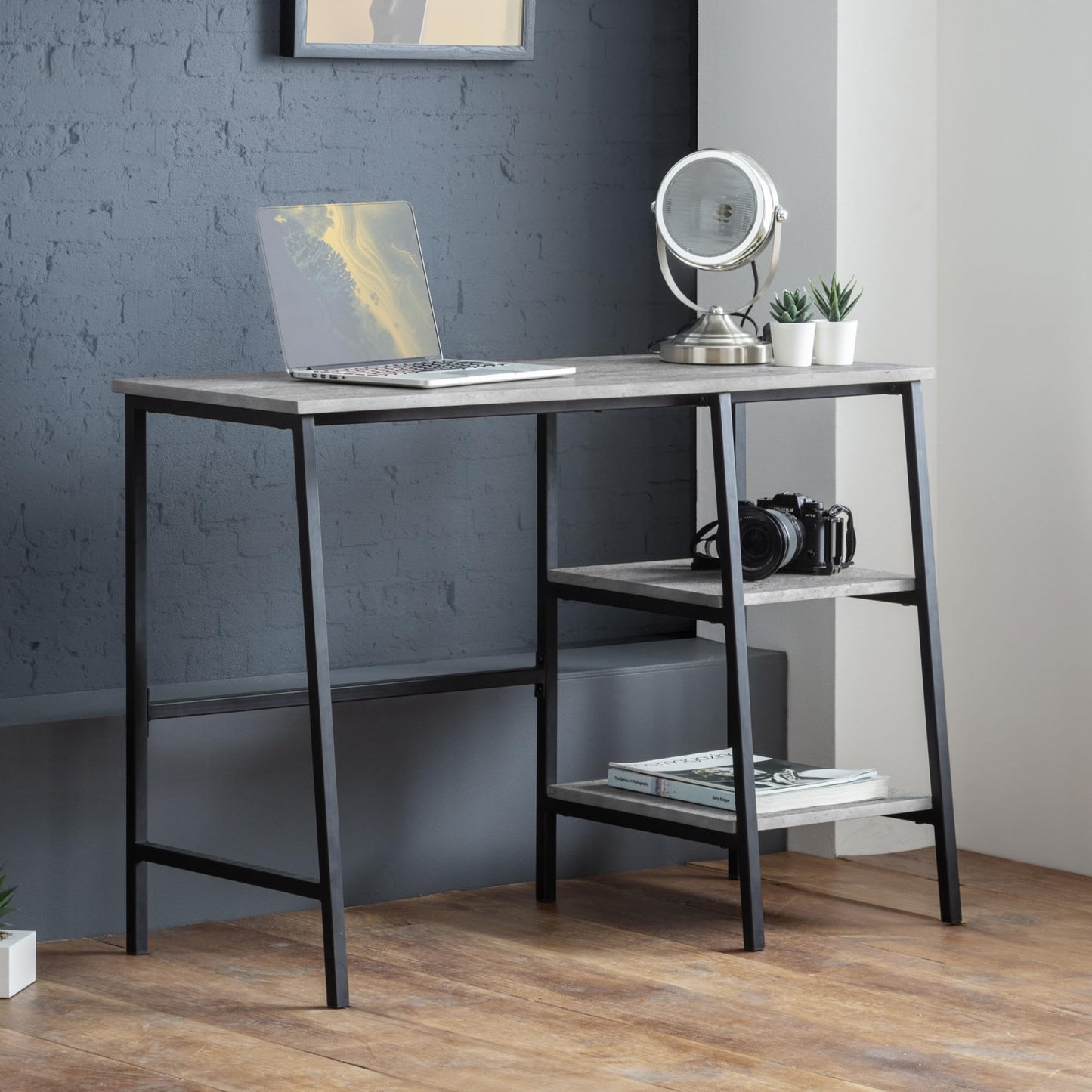 Julian Bowen Staten Desk with Shelves, Concrete Effect - H72 x W104 x D45cm
