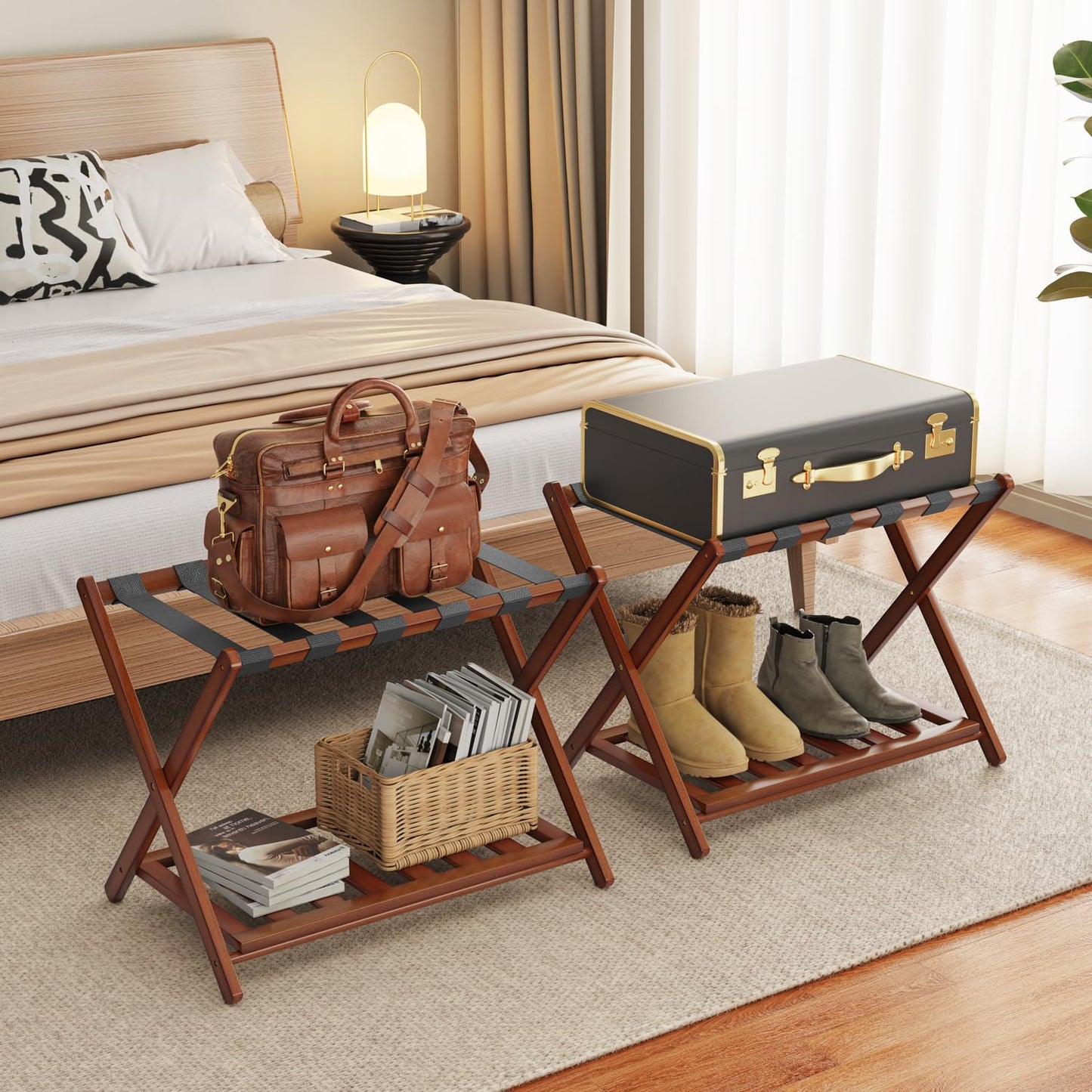 BAMBOOHOMIE Bamboo Luggage Rack for Guest Room, 26.77" Folding Wide Suitcase Stand with Storage Shelf