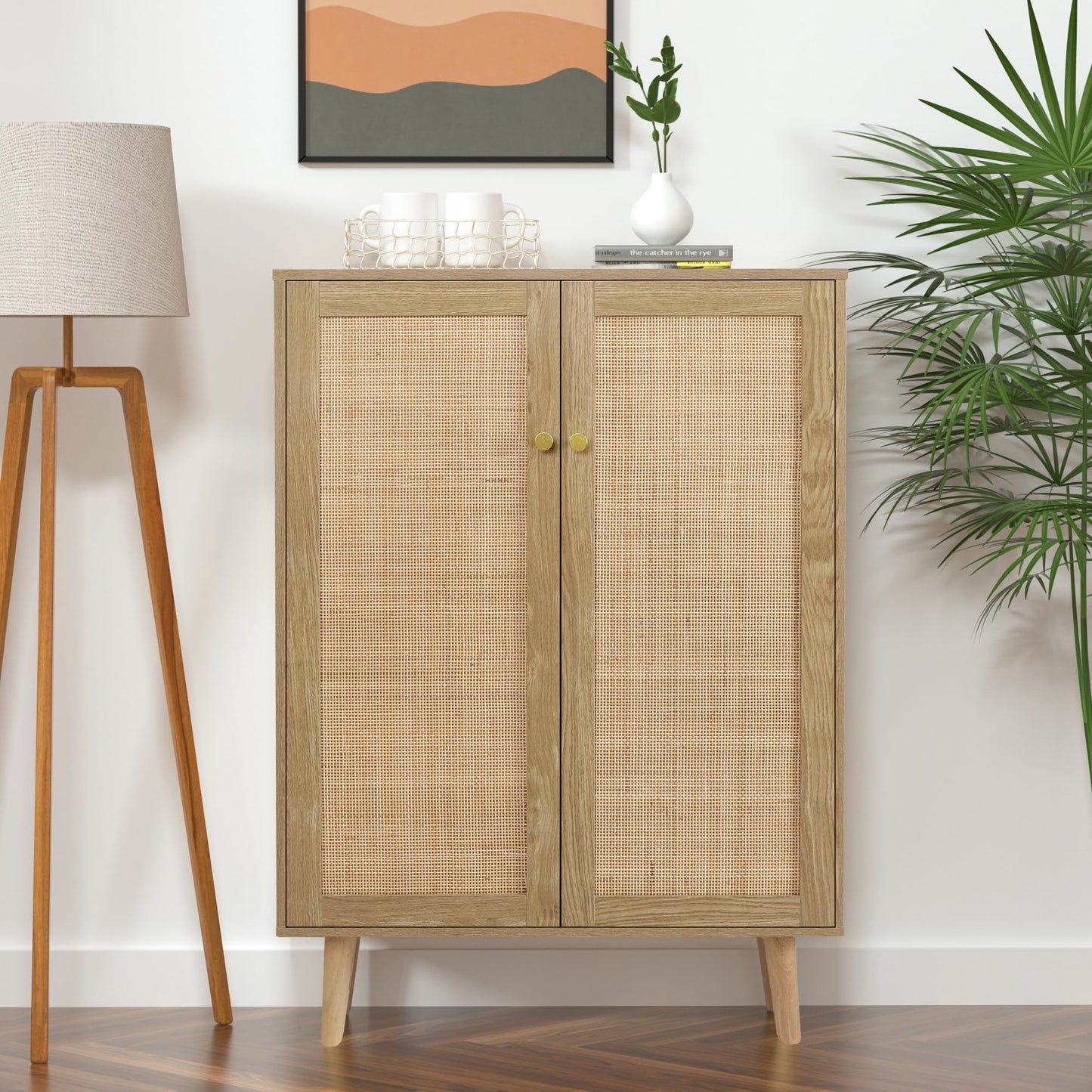 Skokliz Rattan Storage Cabinet with Doors, 44" H Tall Sideboard Storage with Adjustable Shelves