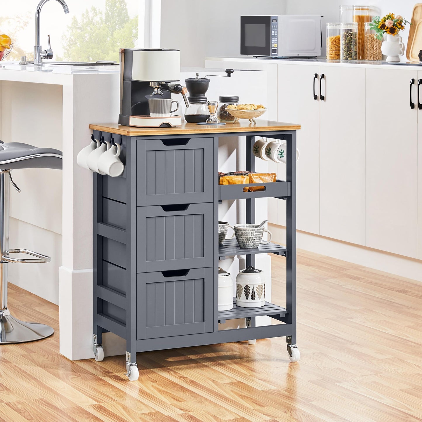 Yaheetech Rolling Kitchen Trolley Kitchen Island Cart with 3 Shelves Grey