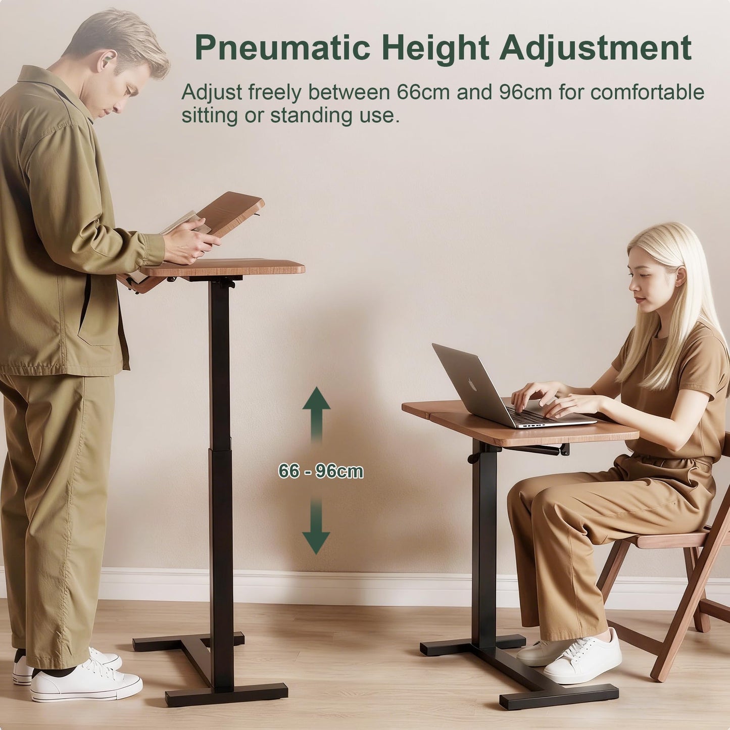 YunMeoCool C Shaped Side Table Adjustable Height with Hidden Wheels, Dual Pneumatic Lift & Tilt Top, (60x40cm) Mobile Overbed Table That Slide Under