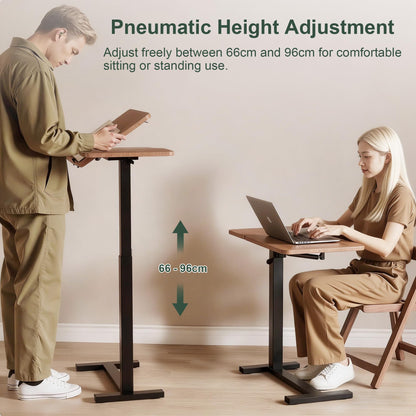 YunMeoCool C Shaped Side Table Adjustable Height with Hidden Wheels, Dual Pneumatic Lift & Tilt Top, 60x40cm Mobile Overbed Table That Slide Under
