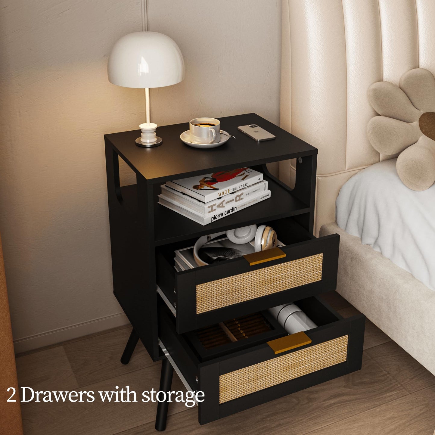 JERX Rattan Bedside Table, Farmhouse Nightstand with 2 Storage Drawer and Open Wood Shelf, for Living Room, Bedroom and Small Spaces