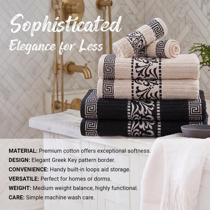 Superior 8 Piece Cotton Towels, Highly-Absorbent Plush Decorative Bohemian, Greek Key Trim Jacquard Dobby Border, Face Towels 13” x 13”