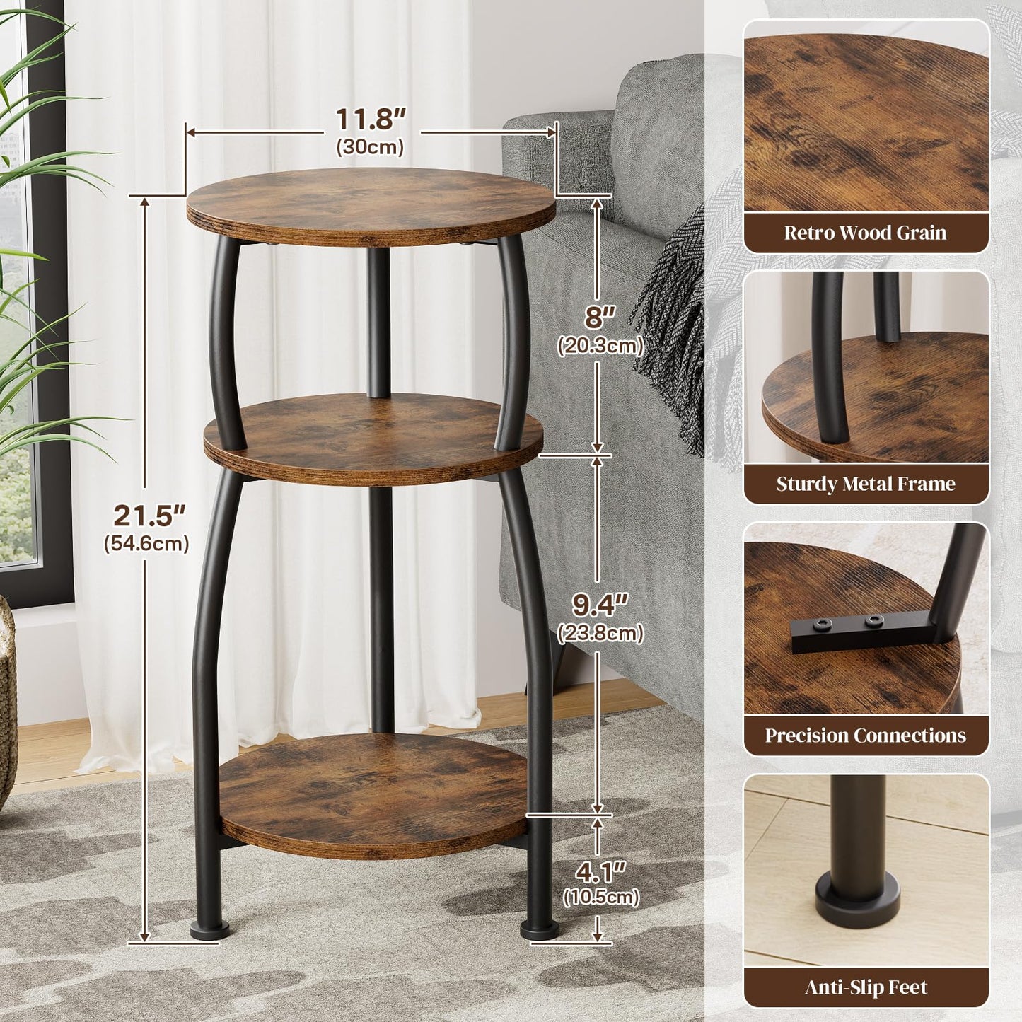 Yuede Round Side Table, 3 Tier Slim Round Coffee Table, Small End Table with Storage Shelf, Bedside Table, for Living Room, Bedroom, Small Space
