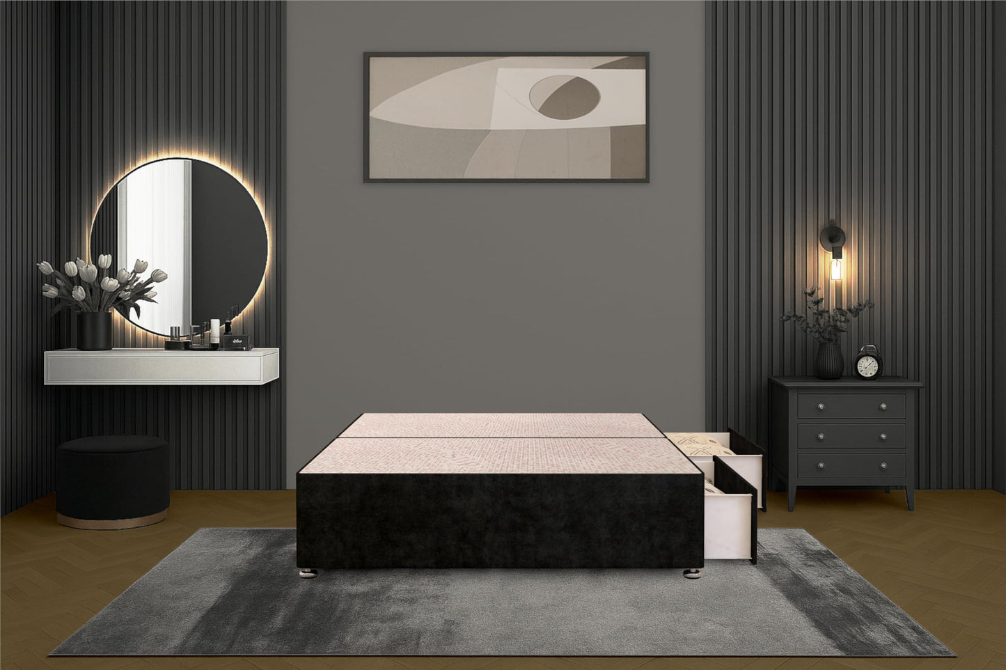 Bed Centre Flexby Divan Bed Base Only with 2 Drawers (Same Side), No Headboard - Available in 3FT, 4FT, 5FT & 6FT (3FT Single, Plush Black Fabric)