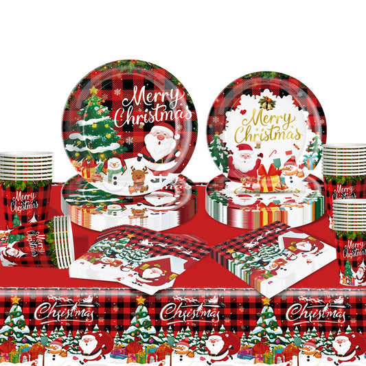 Meriviva 97 Pcs Christmas Party Tableware, Christmas Paper Plates Set with Paper Plates and Napkins Cups Tablecloth Party Table Decorations (Style 2)