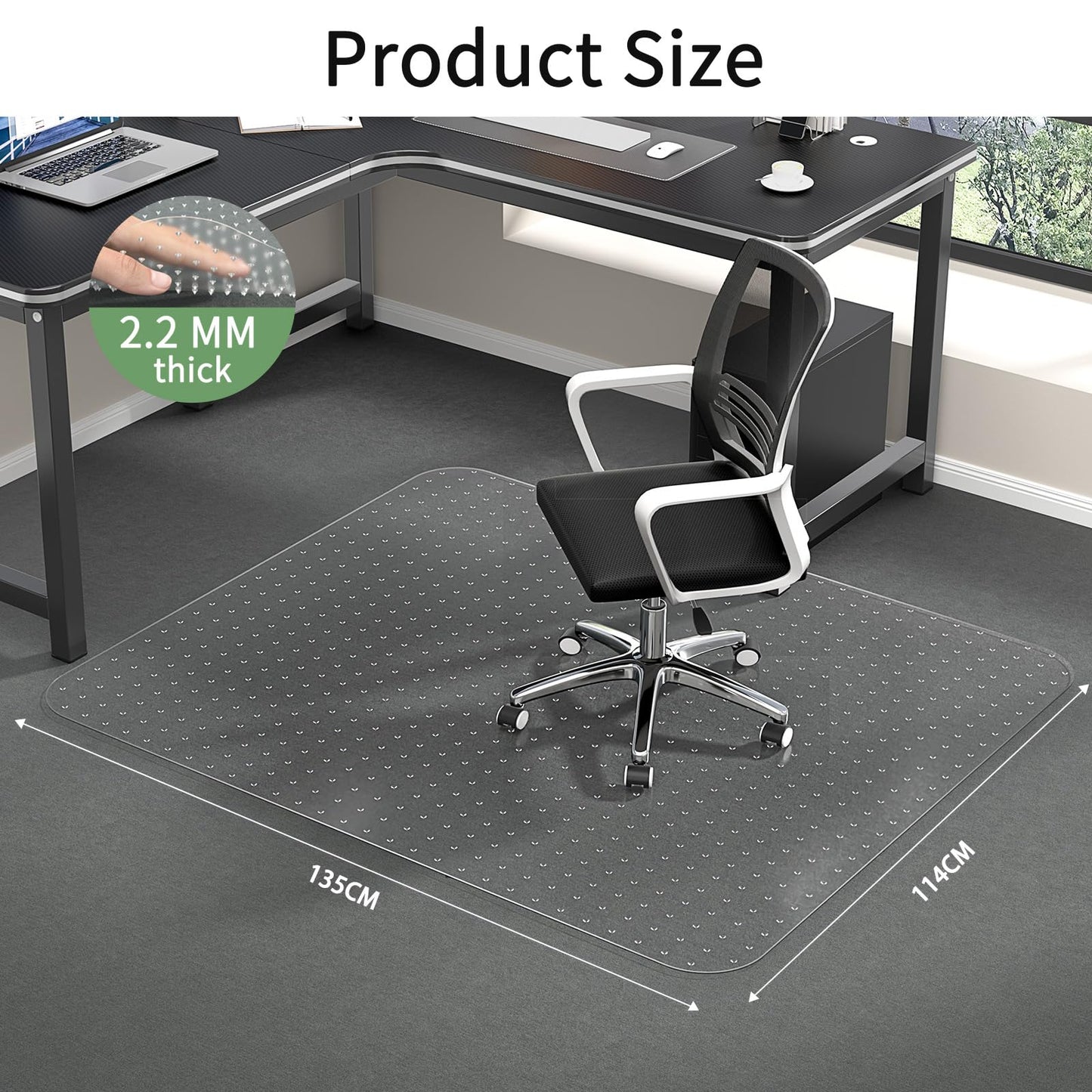 WASJOYE Office Chair Mat for Carpeted Floor, 114x135 cm Clear Carpet Floor Protector Cover PVC Mat with Non-Slip Studded, 2.2mm Thick for Home Office