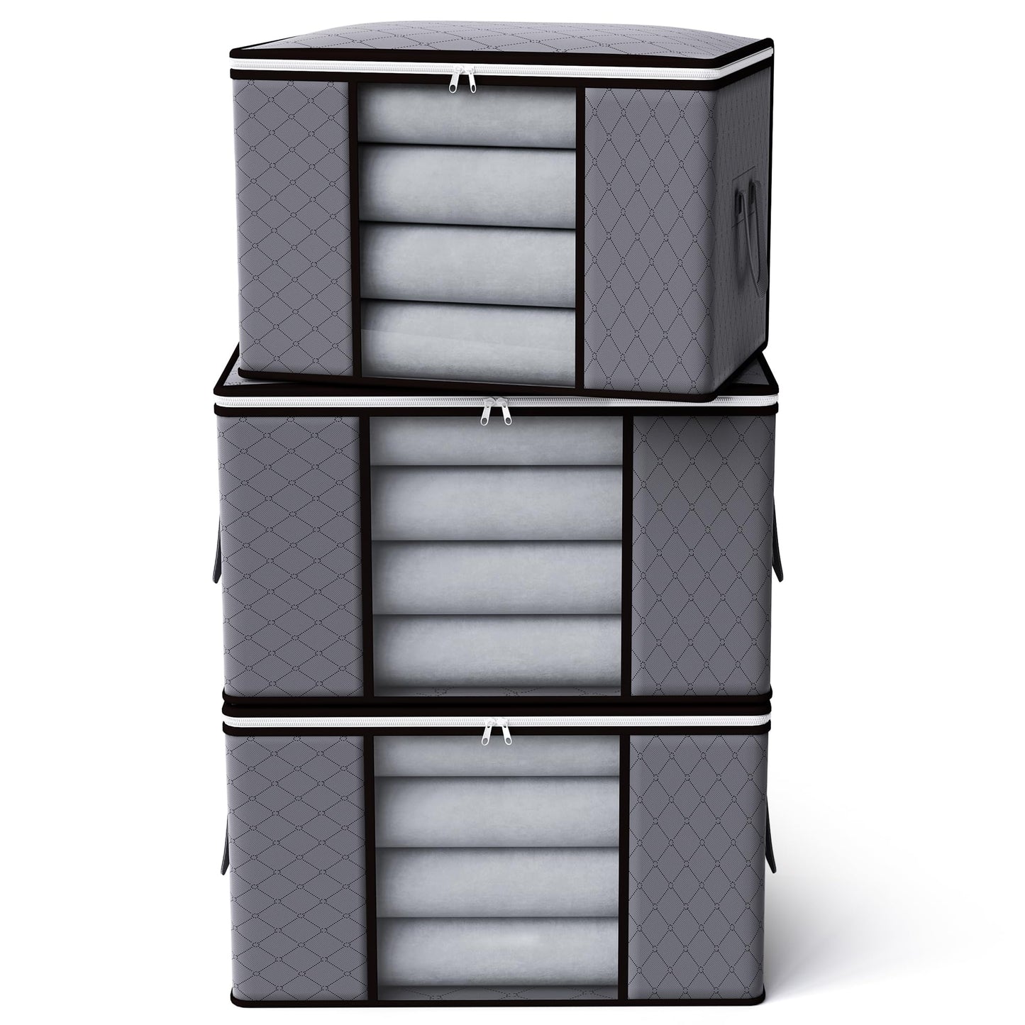 90L Storage Bags with Lid and Zips,3 Pack Foldable Storage Box with Reinforced Handle Thick Fabric Clear Window for Clothing Bedding Blankets, Grey
