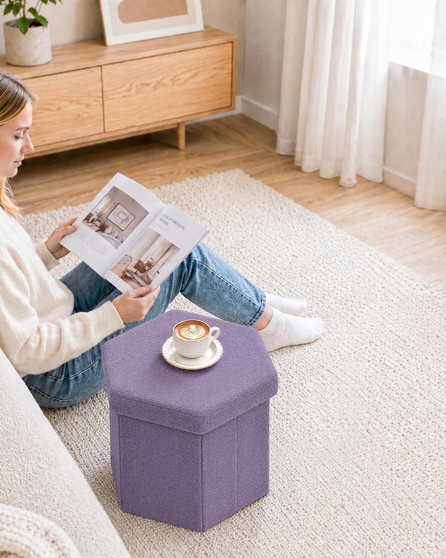 Bonlife Folding Storage Ottoman Hexagonal, Footrest with Toy Ches Box, 43cm