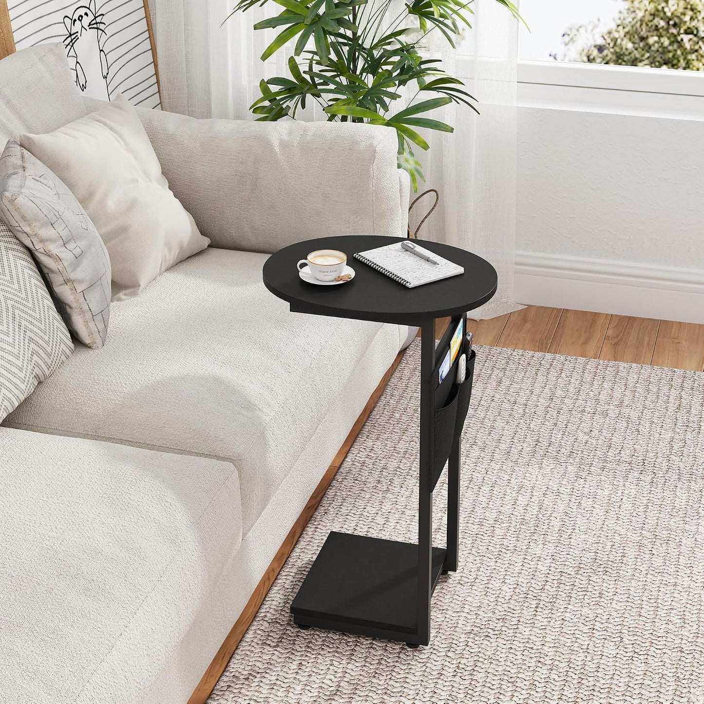 Vagusicc C Shaped End Table, Small Couch Side Tables with Metal Frame that Slide Under Sofa Table TV Tray for Living Room, Bedroom, Black