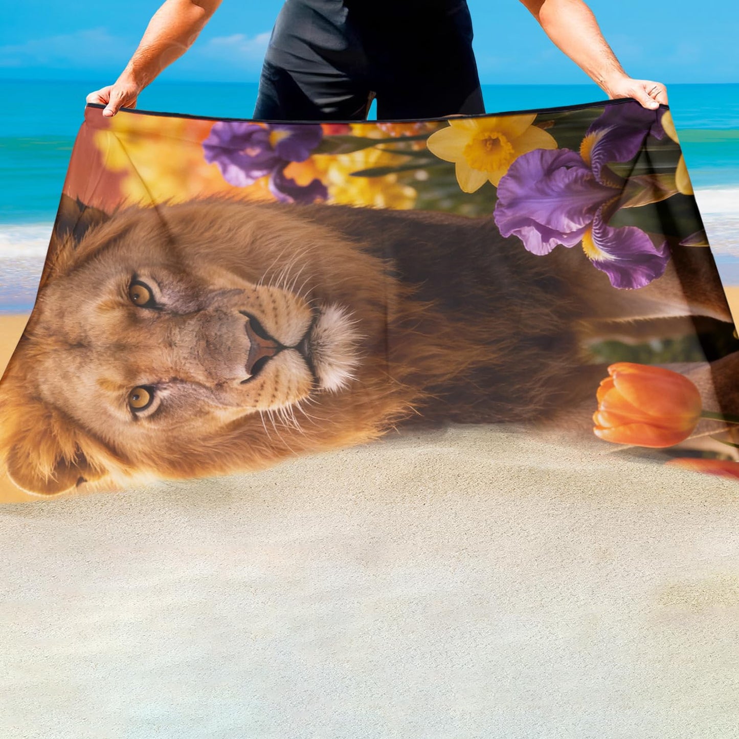 Violetpos Lion in Tulips & Irises Beach Towel, Extra Large 180x90 cm 250GSM Microfibre, Sand Free Quick Dry