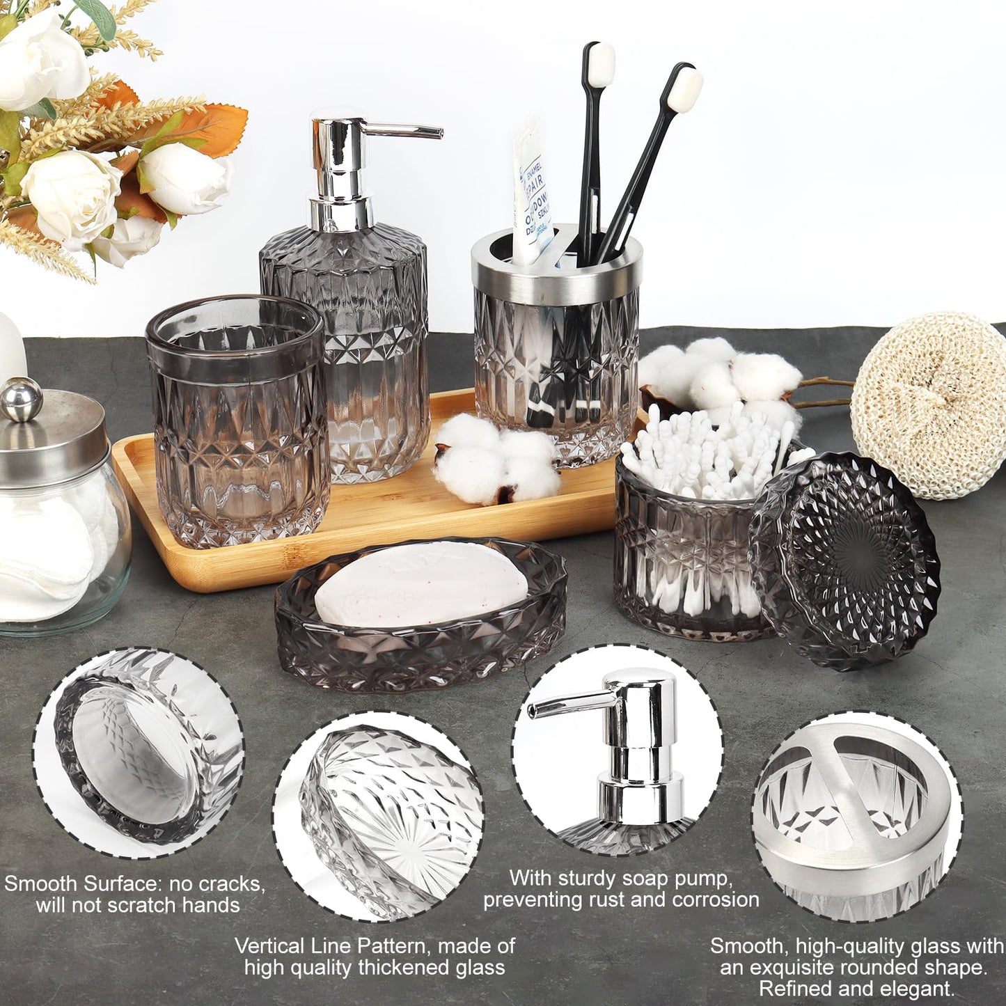 Glass Bathroom Accessories Set - 5Pc Toothbrush Holder Set with Tumbler, Soap Dish & Cotton Swab Jar