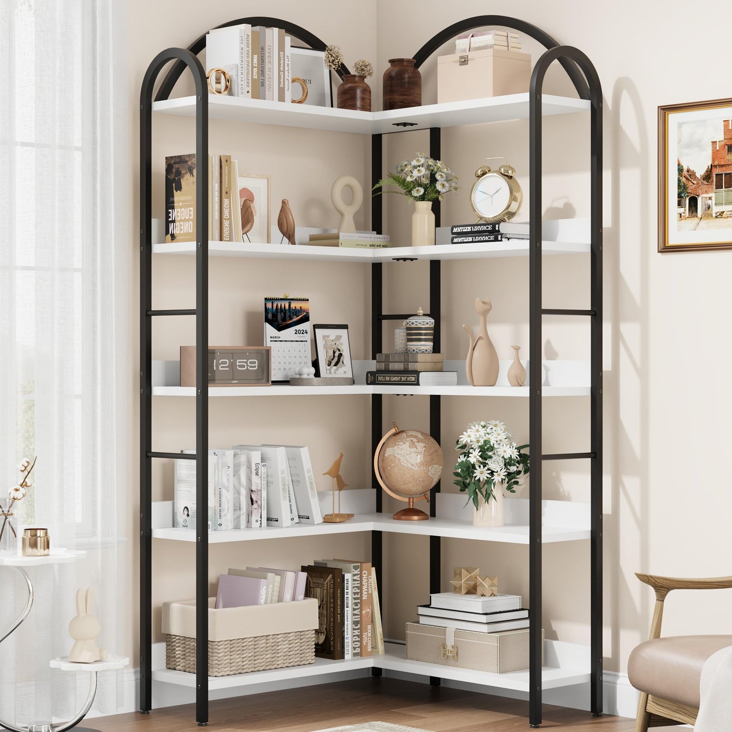 Crevyteg 68.5" Arched Industrial Corner Bookcase - 5-Tier Large Bookshelf with Wood Shelves and Metal Frame - Modern Storage Display for Home Office